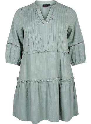 3/4 sleeve cotton dress with ruffles, Chinois Green, Packshot image number 0