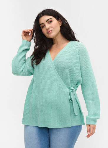 Knitted cardigan with wrap detail, Dusty Jade Green Mel, Model image number 0