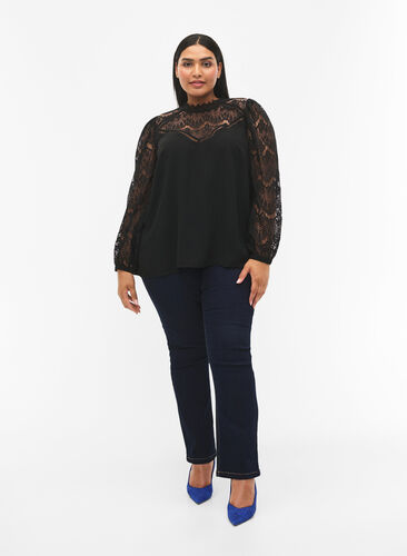 Long sleeve blouse with lace, Black, Model image number 2