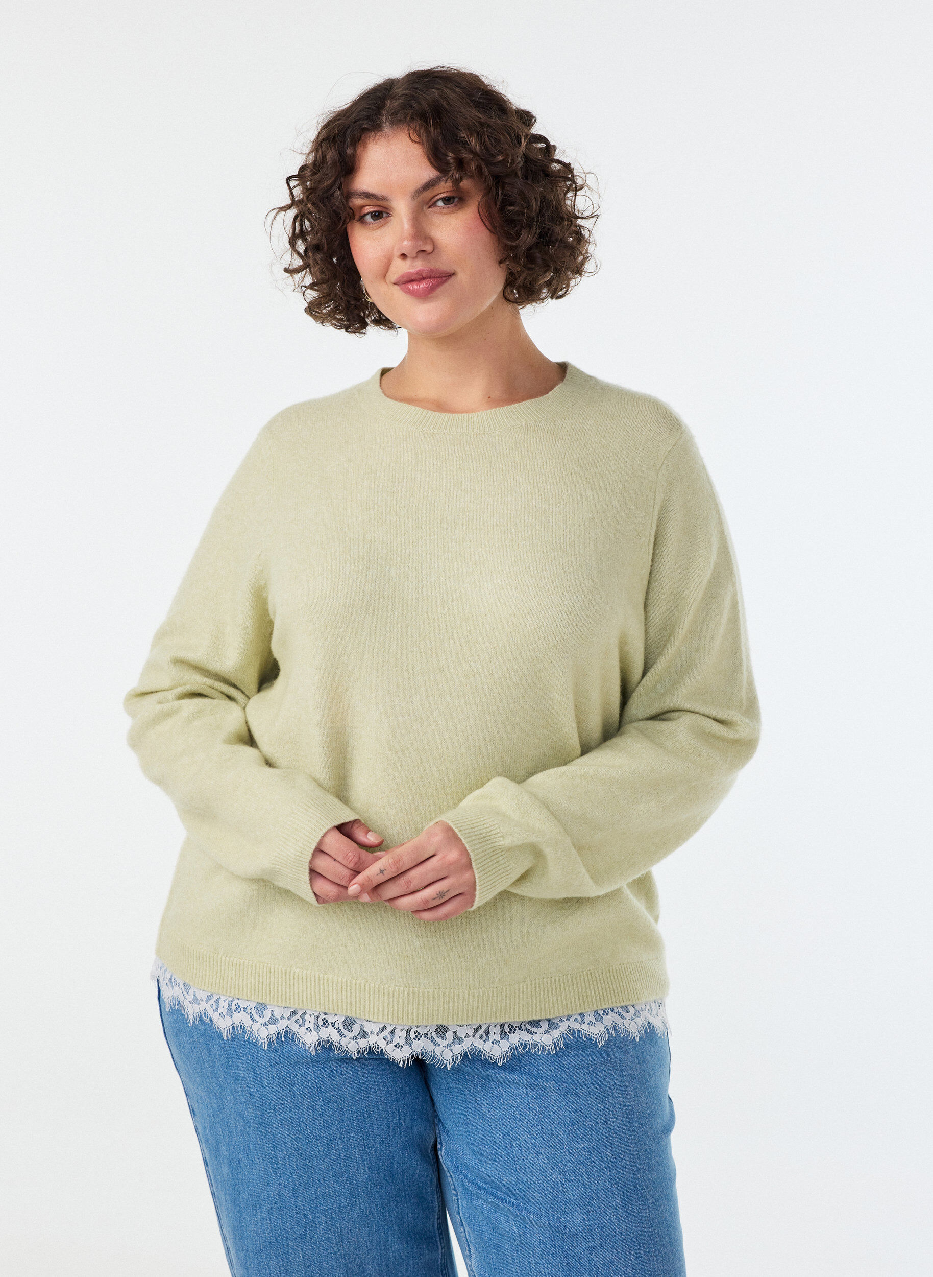 ZizzifashionKnitted blouse with lace trim at the hem, Green, Model image number 0