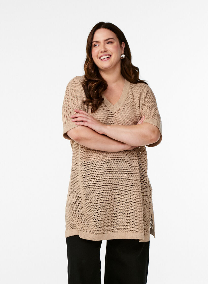 FLASH - Short-sleeved knitted blouse with v-neck, Beige, Model image number 0