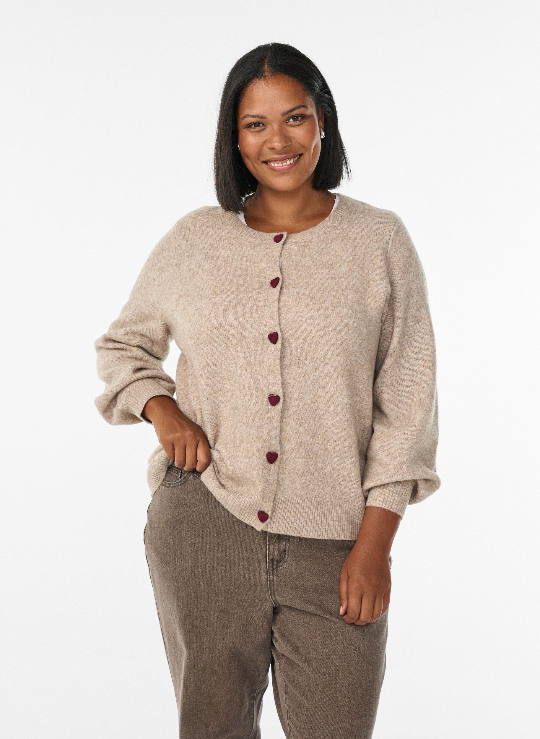 ZizzifashionCardigan with heart-shaped buttons, Beige, Model image number 0