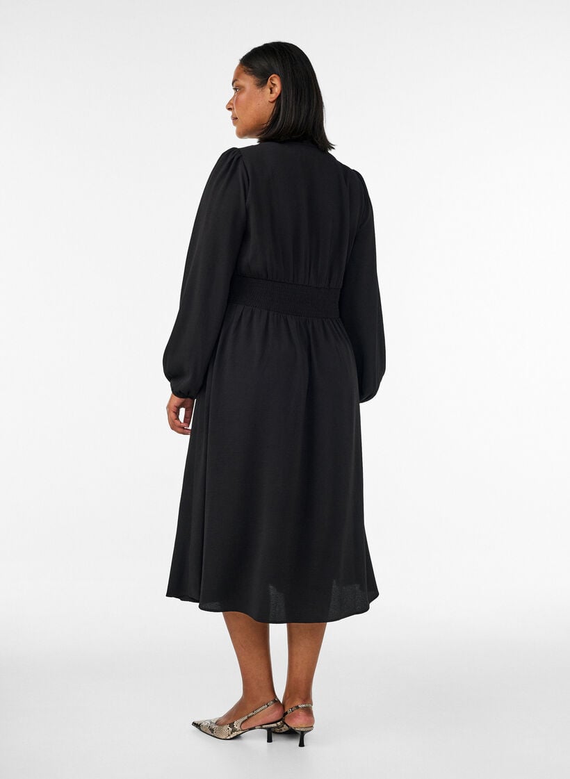 Midi dress with smock and decorative buttons, Black, Model image number 1