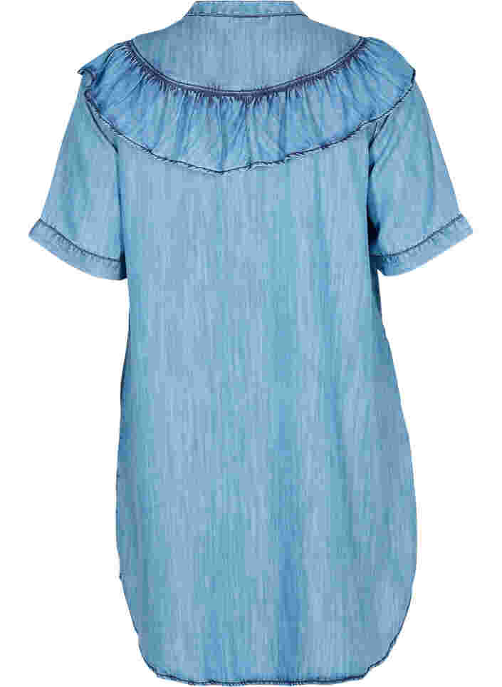 Short-sleeved ruffle denim dress, Blue denim, Packshot image number 1