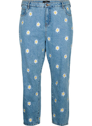 Cropped Mille jeans with embroidered flowers, Light Blue Flower, Packshot image number 0