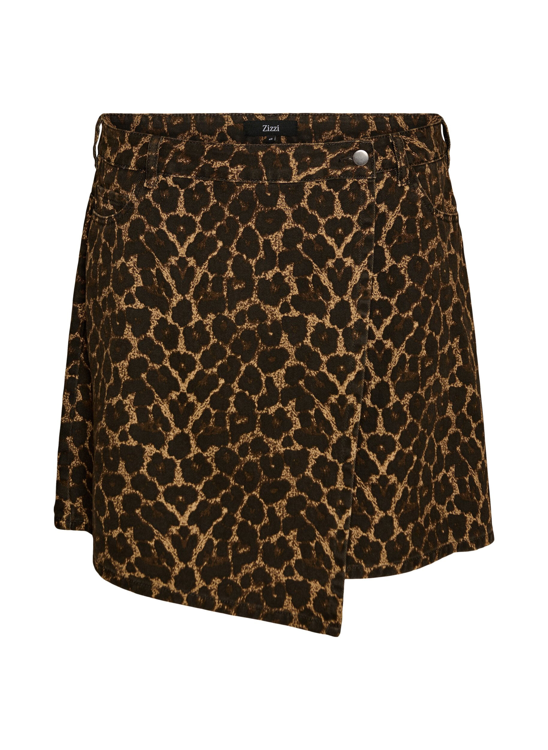Short denim skirt with leopard print and an A-line shape