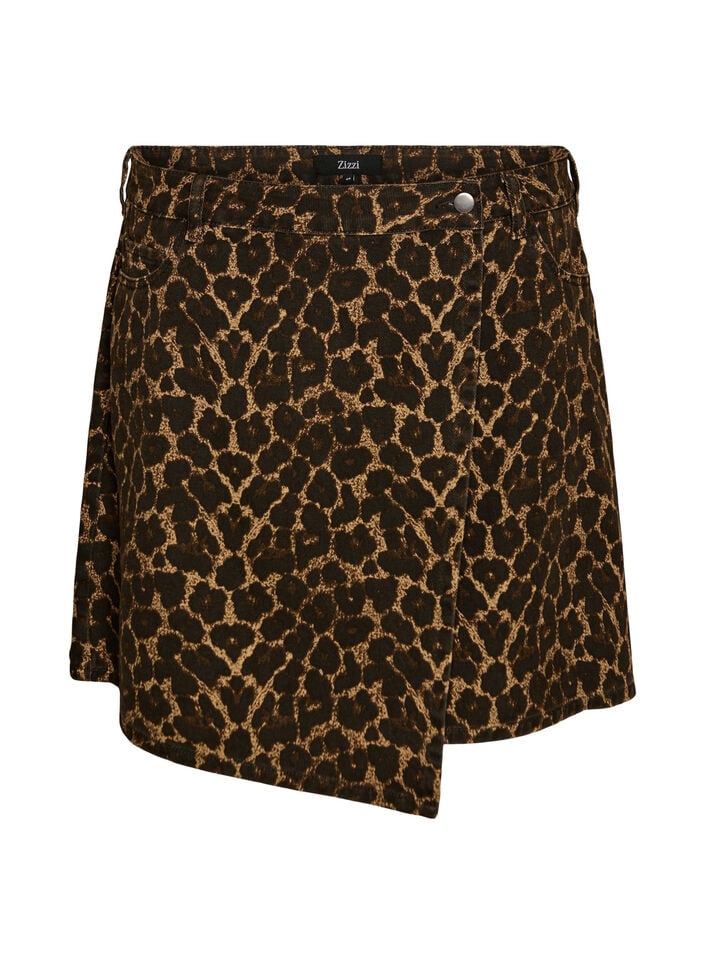 Short denim skirt with leopard print and an A-line shape, Brown, Packshot image number 0
