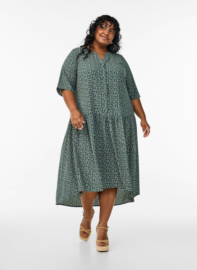 A-line midi dress with short sleeves, Green, Model image number 1