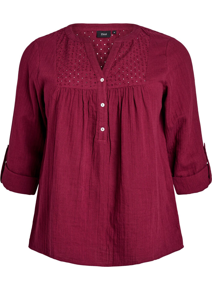 Blouse in cotton muslin with broderie anglaise, Dark Bordeaux, Packshot image number 0