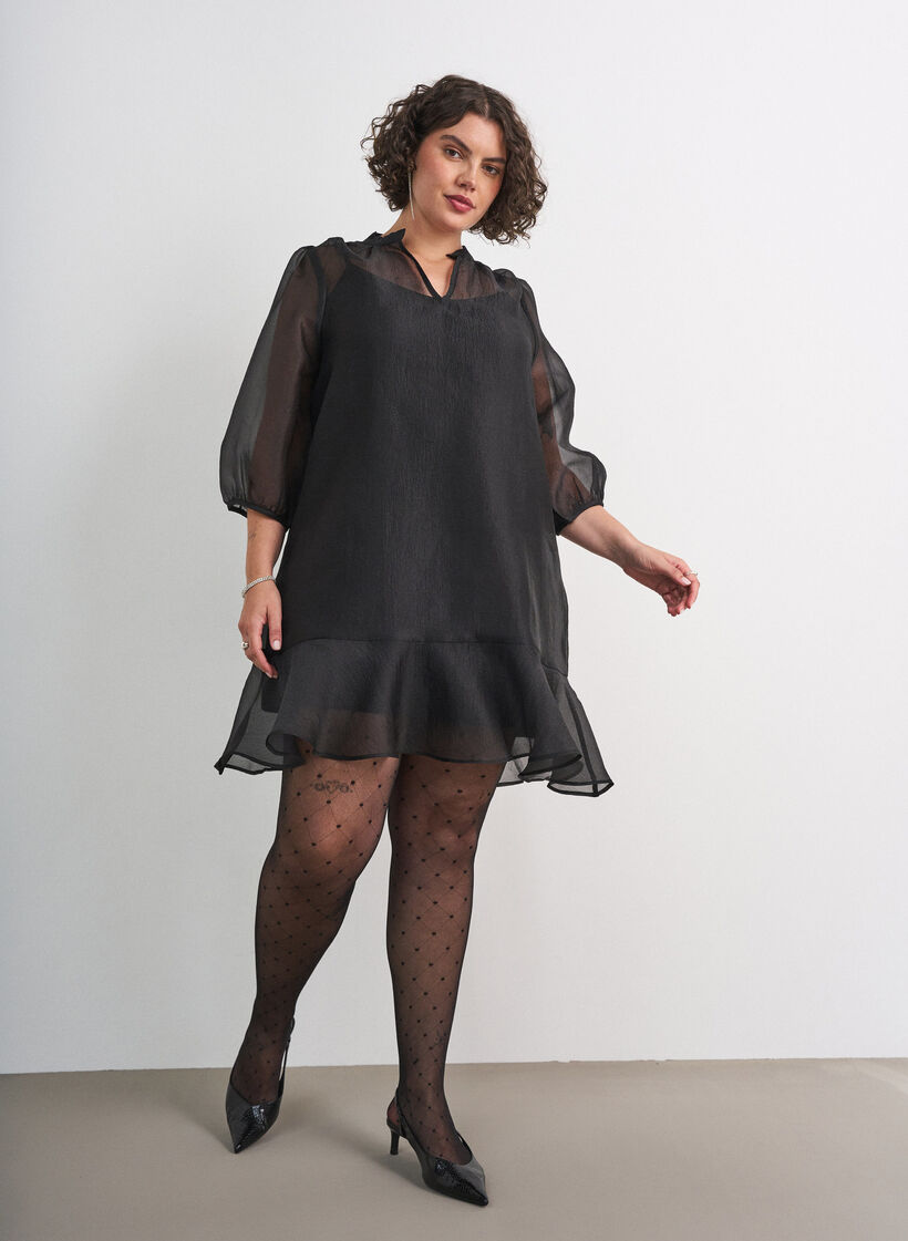 Short organza dress with ruffle hem, Black, Model image number 1
