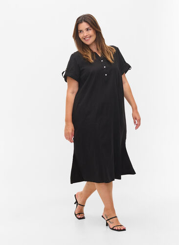 Long short-sleeved shirt dress, Black, Model image number 2