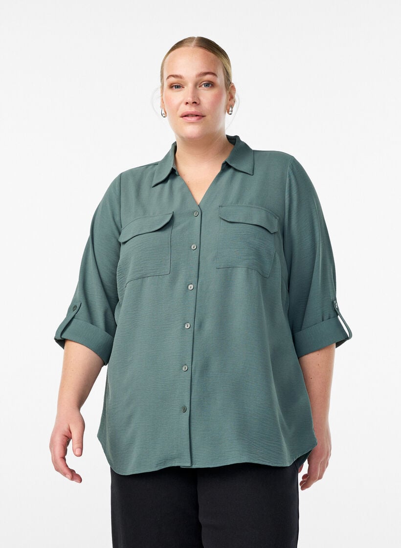 FLASH - Shirt with chest pockets and 3/4 sleeves, Green, Model image number 0