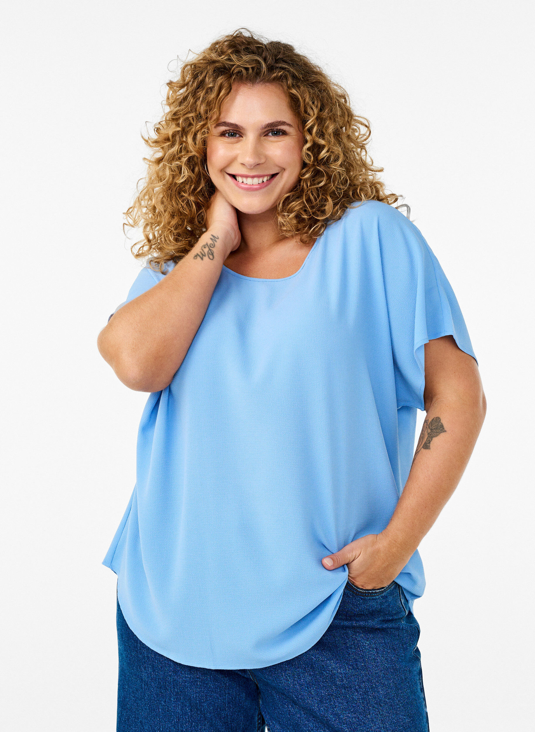 Zizzifashion Blouse with short sleeves and a round neckline, Light Blue, Model image number 0