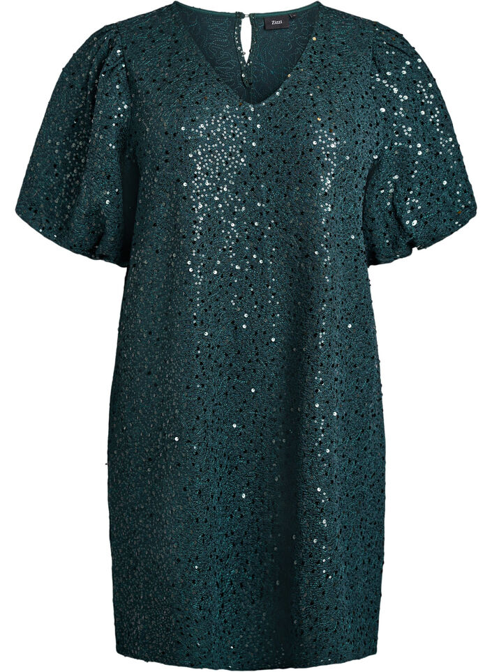 Short sequin dress with puff sleeves, Green, Packshot image number 0