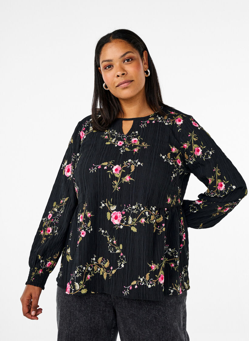 Long-sleeved blouse with floral print, Black, Model image number 0