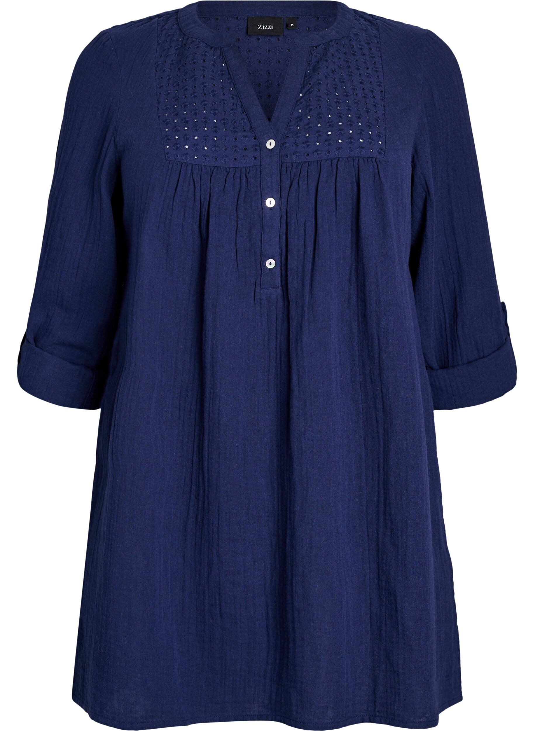 Zizzifashion Cotton muslin tunic with broderie anglaise, Blue, Packshot image number 0