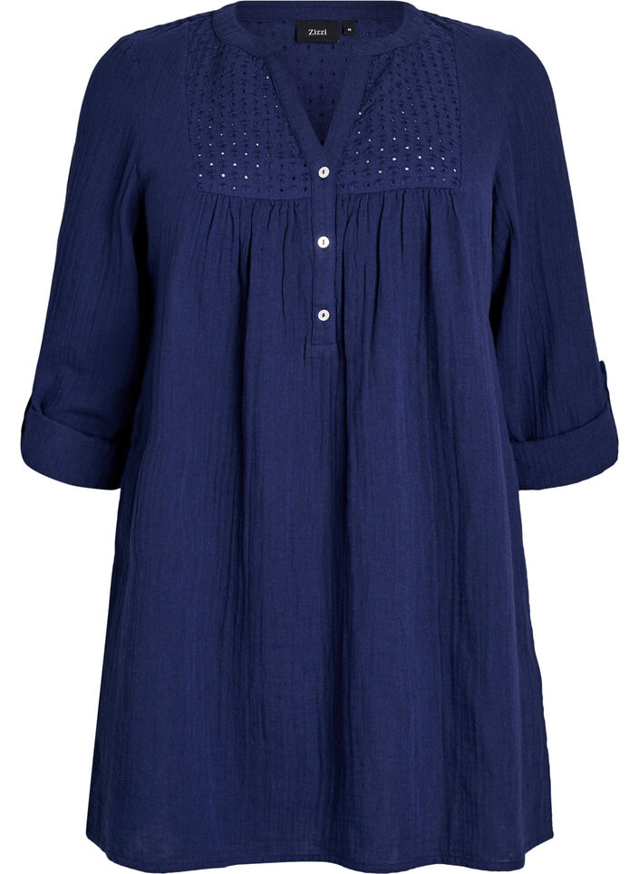 Cotton muslin tunic with broderie anglaise, Blue, Packshot image number 0