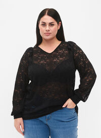 Long-sleeved lace blouse, Black, Model