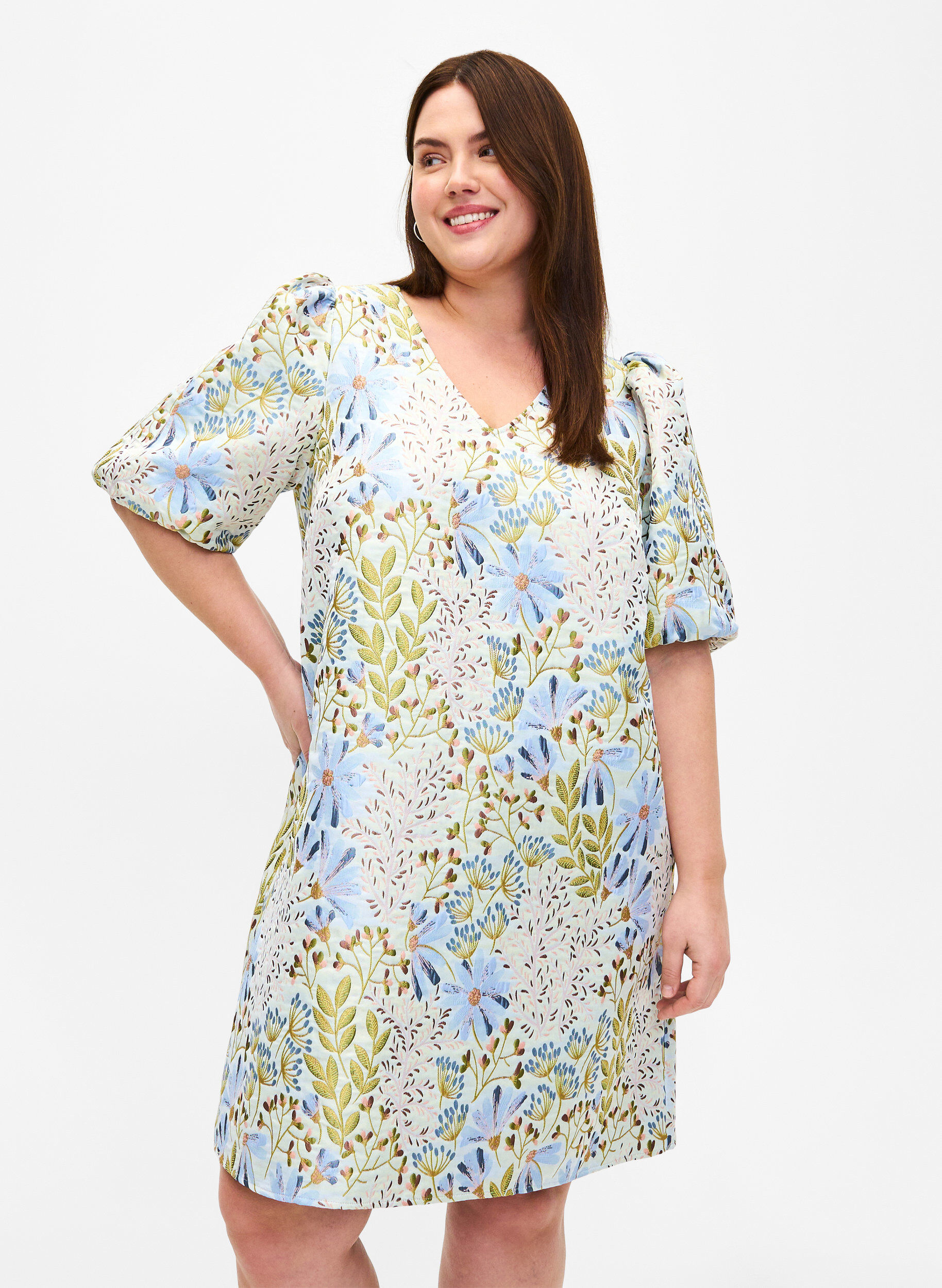 Zizzifashion Jacquard dress with 1/2 sleeves, Wild Flower AOP, Model image number 0