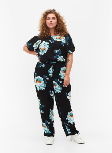 	 Viscose trousers with drawstring, Black Big Flower, Model image number 0