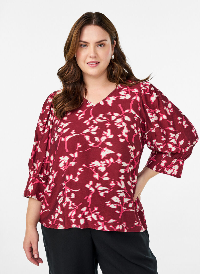 Blouse with V-neck and 3/4-sleeves, Red, Model image number 0