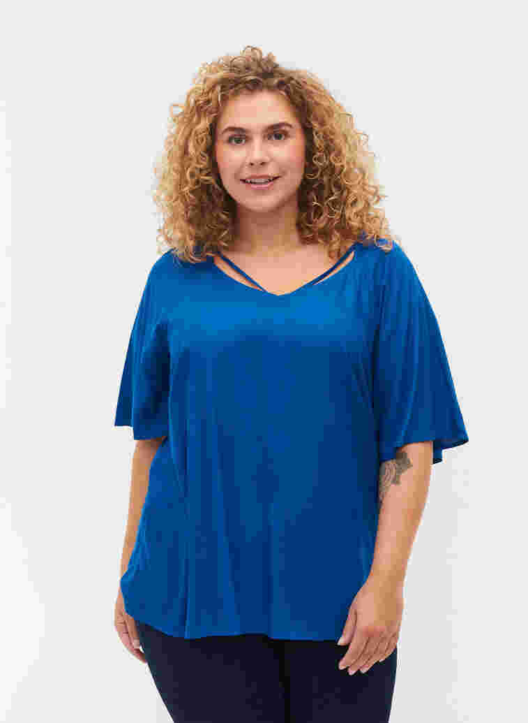 Short-sleeved viscose blouse with string detailing, Classic Blue, Model image number 0