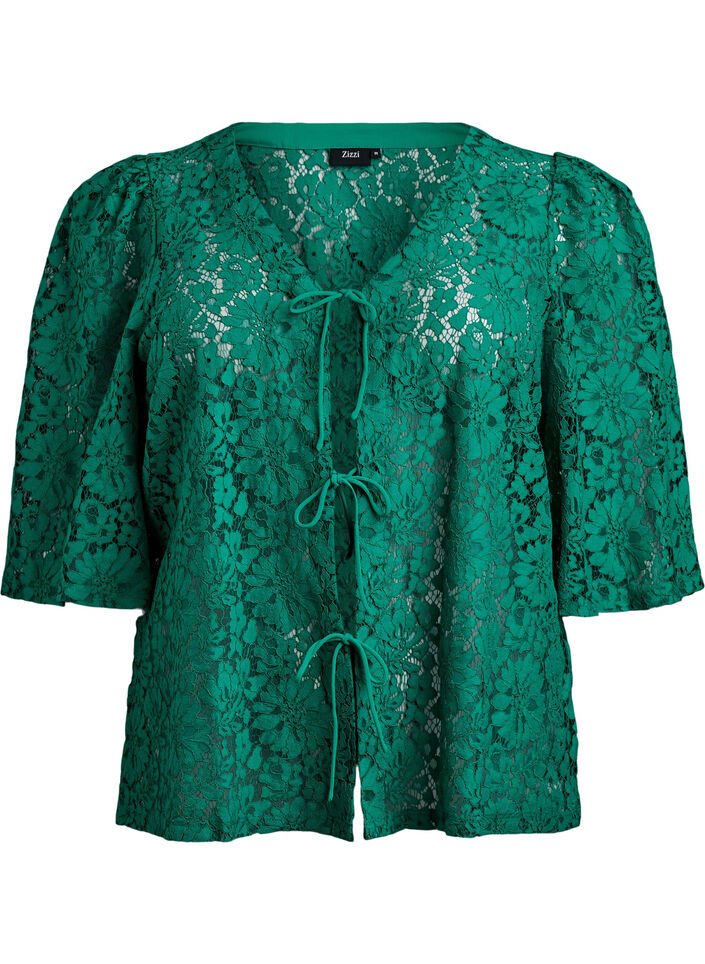 Lace blouse with 3/4 sleeves and bows on the front, Green, Packshot image number 0