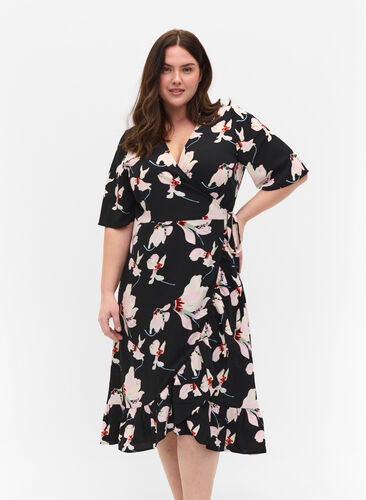 Printed short-sleeved wrap dress, Big Flower AOP, Model image number 0