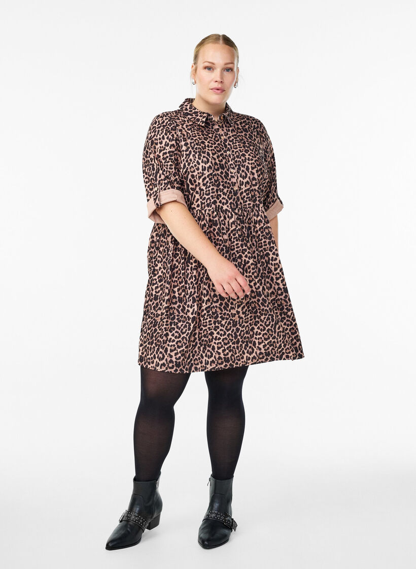 Velvet dress with leopard print, Brown, Model image number 1