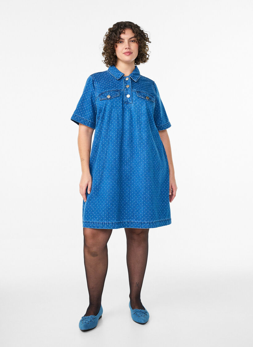 Short denim dress with dots, Blue, Model image number 1
