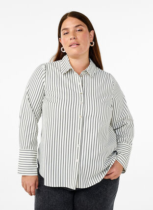 Striped shirt with wide cuffs - White - Sz. 40-64 - Zizzifashion Striped shirt with wide cuffs - White - Sz. 40-64 - Zizzifashion