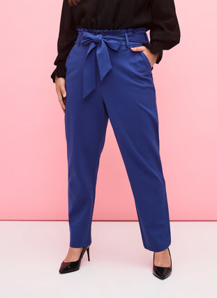 High-waisted trousers with ruffles and tie string, Blue Quartz, Model image number 2