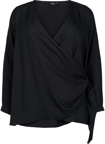 Long-sleeved blouse in viscose with a wrap look, Black, Packshot image number 0