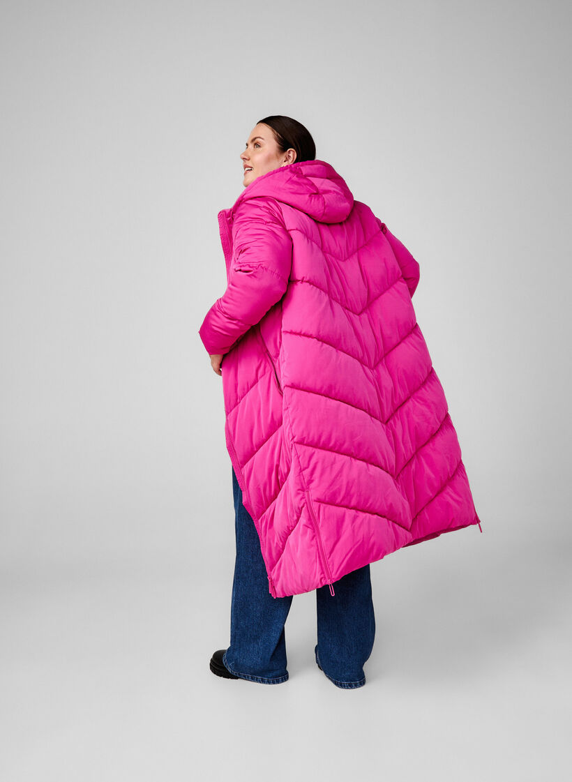 Long puffer coat with hood and pockets, Pink, Image image number 1
