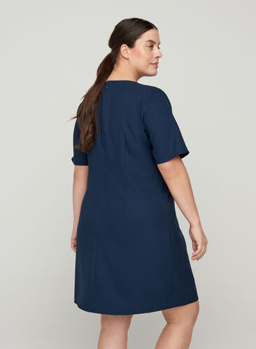 Plain-coloured sheath dress with a v-neck, Navy Blazer, Model image number 1