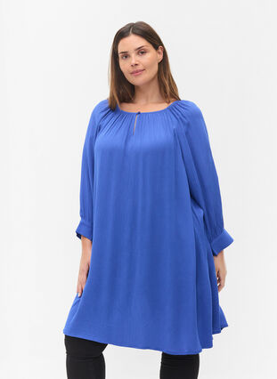 Viscose tunic with 3/4 sleeves, Dazzling Blue, Model image number 0