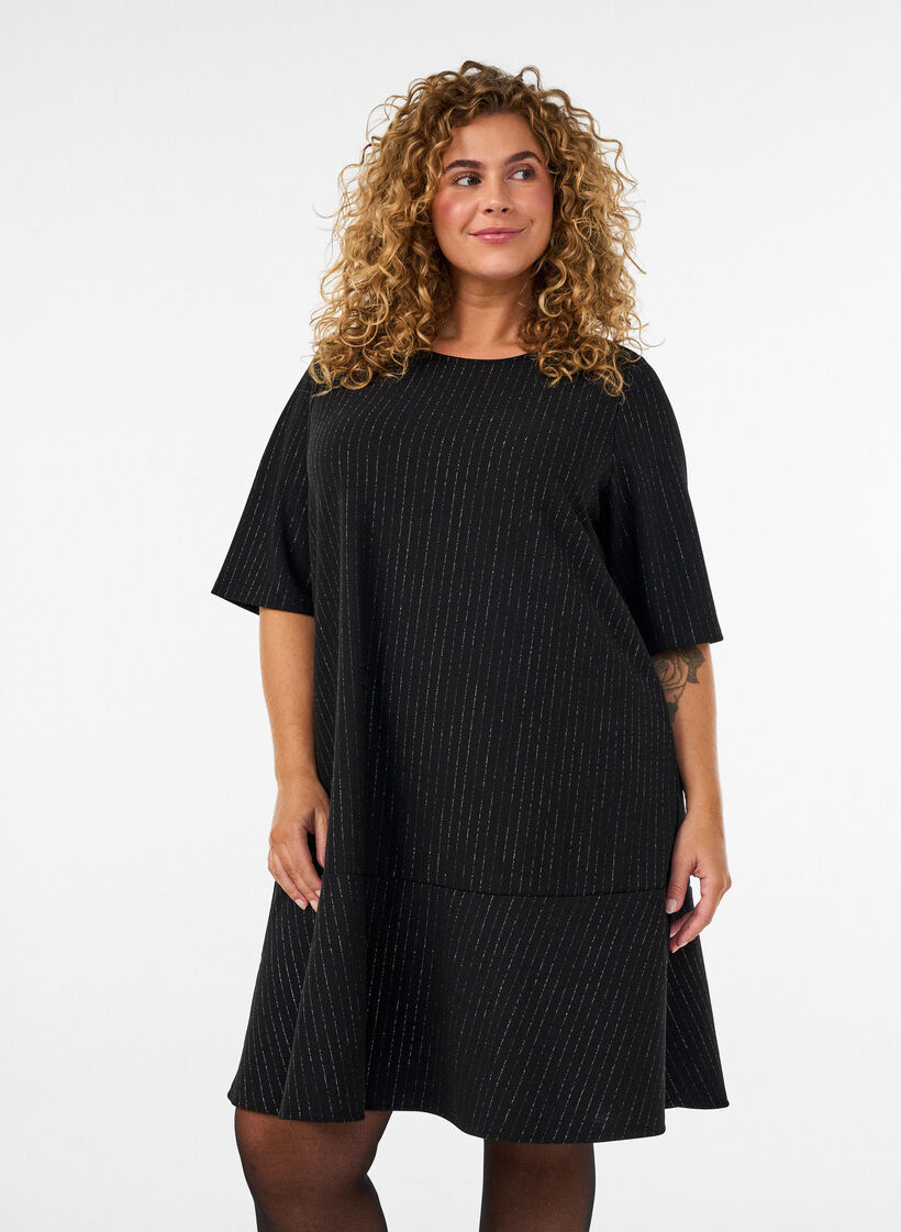 Short A-line dress with glitter stripes, Black, Model image number 0