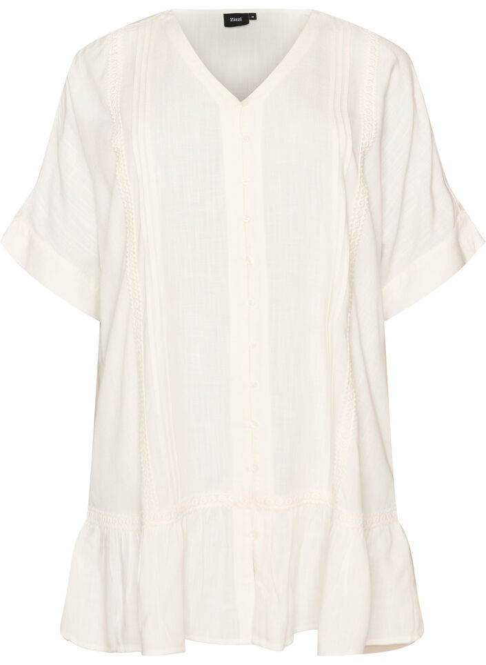 Viscose tunic with buttons and frill hem, Vanilla, Packshot image number 0