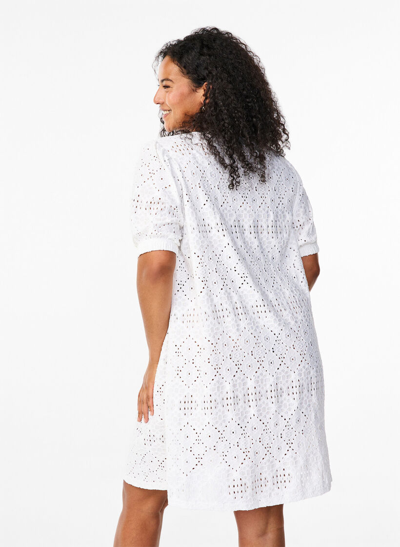 Short dress with v-neck and hole pattern, Bright White, Model image number 1