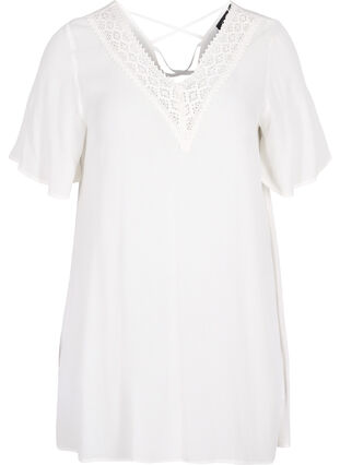 Short-sleeved viscose tunic with lace details, Off White, Packshot image number 0