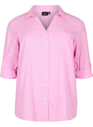 Shirt blouse with button closure in cotton-linen blend, Begonia Pink, Packshot image number 0