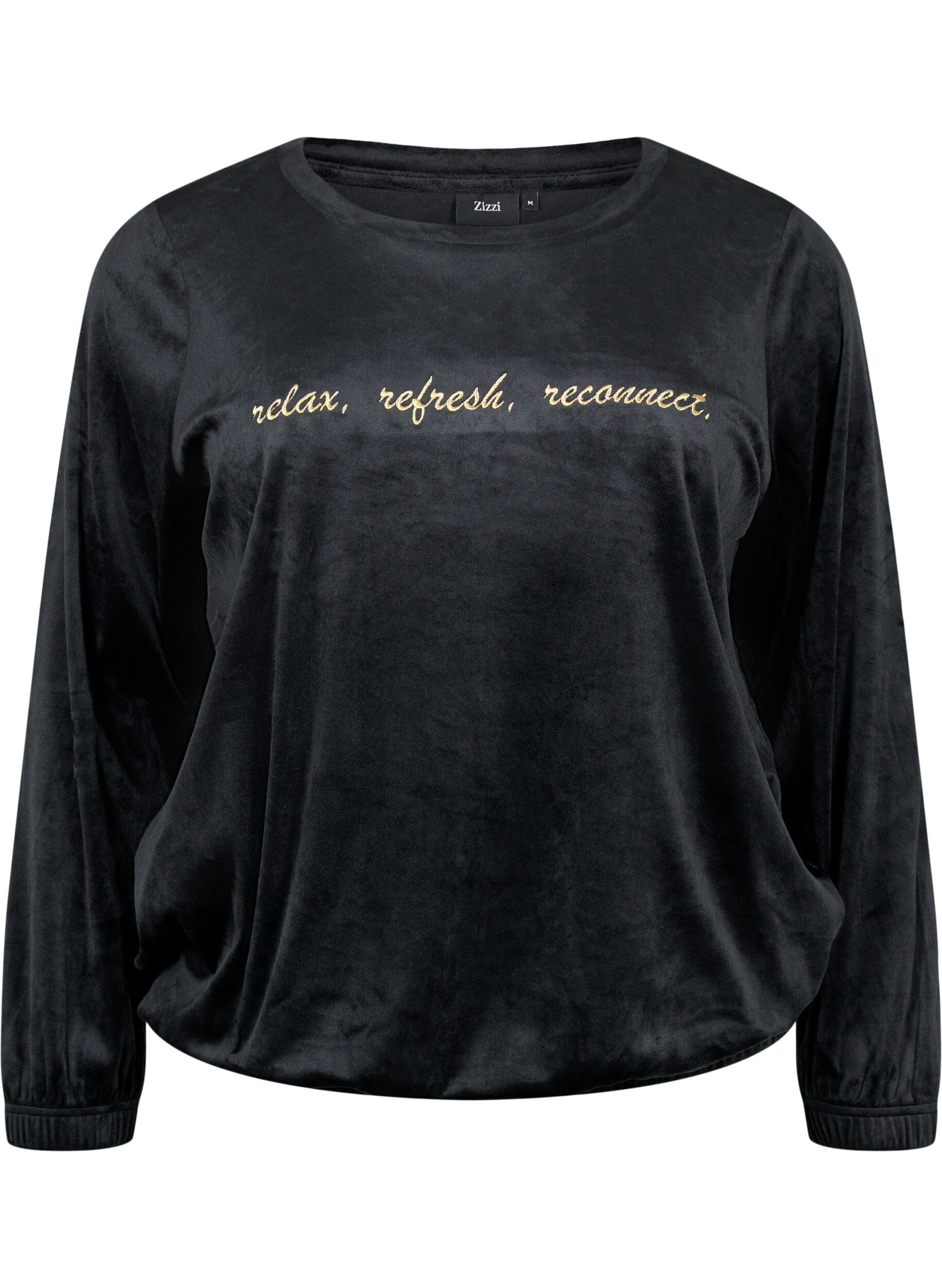 Zizzifashion Velour blouse with embroidered text, Black, Packshot image number 0