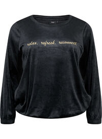 Velour blouse with embroidered text