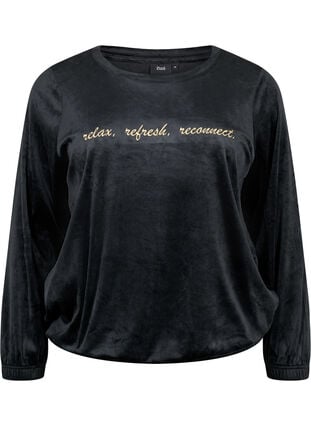Velour blouse with embroidered text, Black, Packshot image number 0