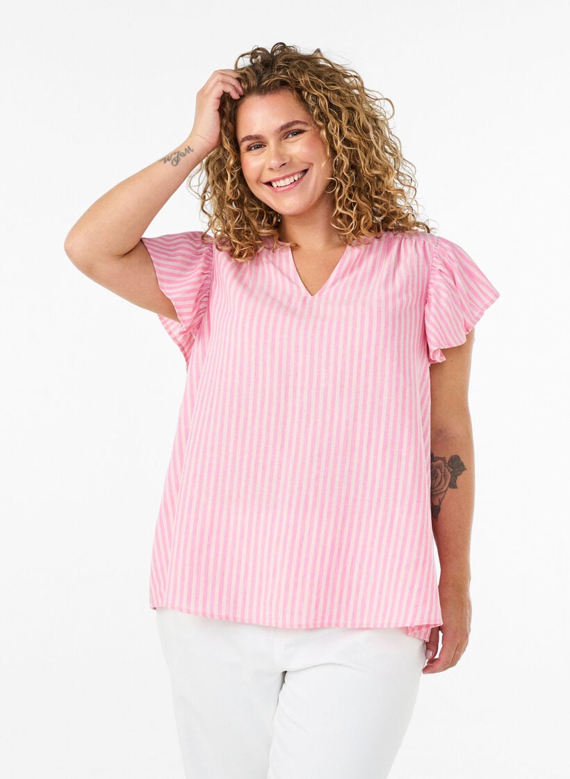 Viscose and linen blouse with ruffle sleeves, Pink, Model image number 0
