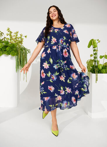 Short sleeve midi dress with floral print, Blueprint Flower AOP, Image image number 0