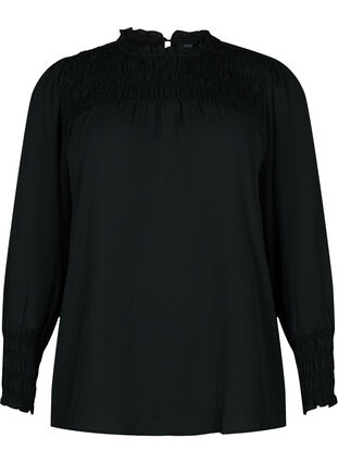 Long-sleeved blouse with smocking, Black, Packshot image number 0