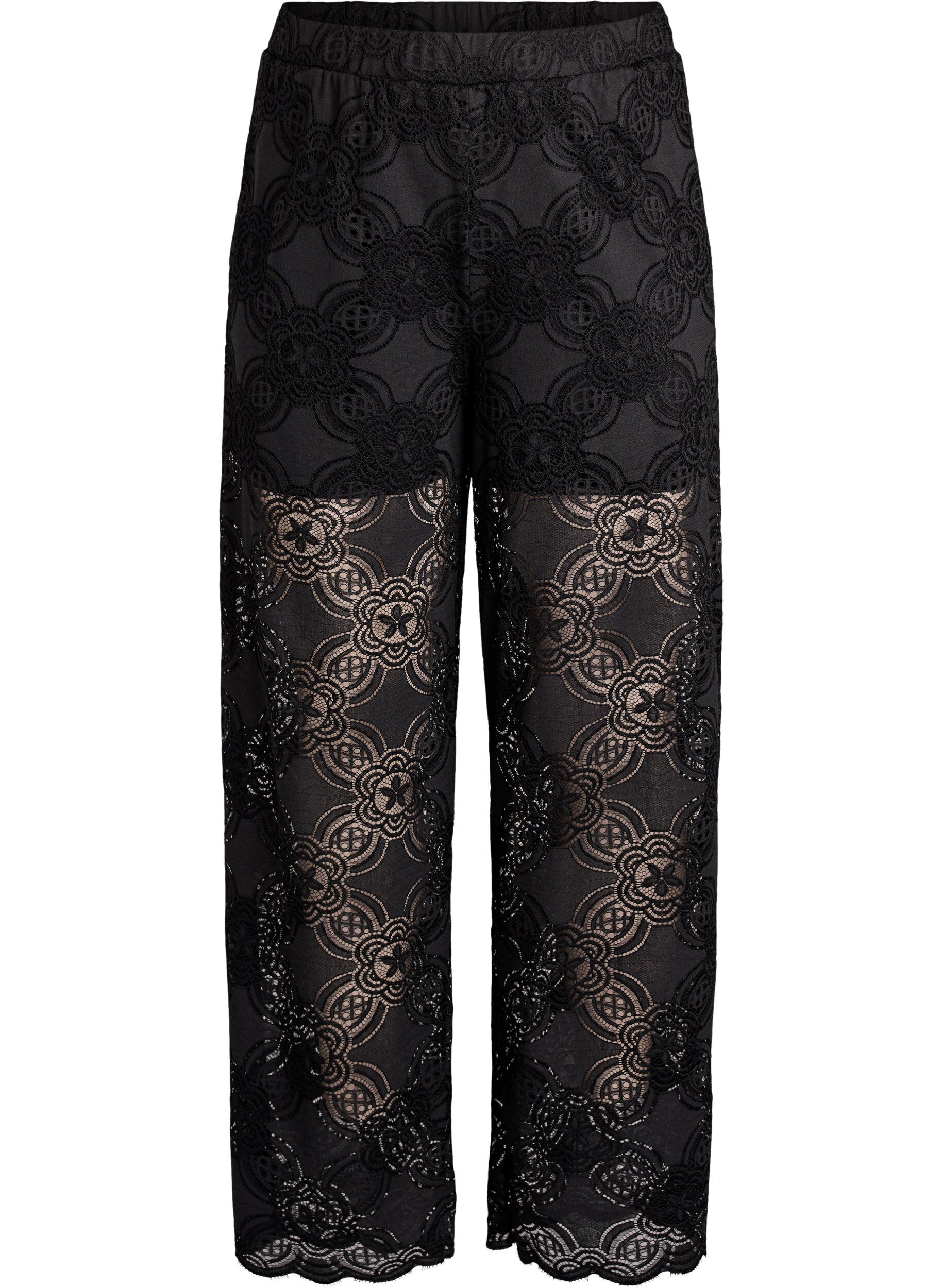 Zizzifashion High-waisted wide-leg lace trousers, Black, Packshot image number 0