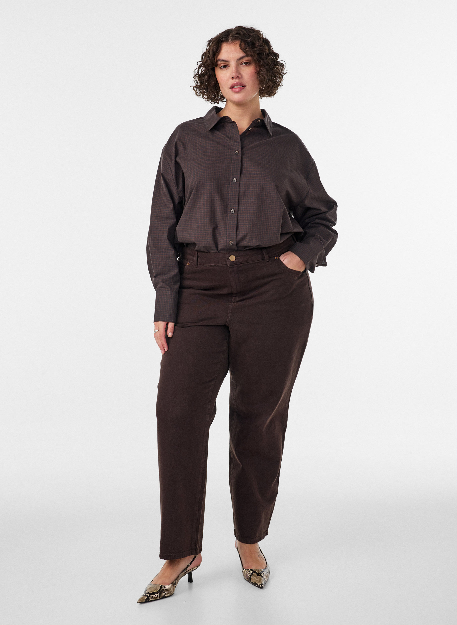 ZizzifashionCotton shirt with checked pattern, Brown, Model image number 1