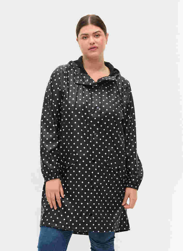 Hooded polka dot rain jacket, Black W/White Dot, Model image number 0
